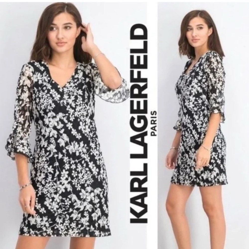 Karl Lagerfeld Black and White Floral Long Sleeve Dress